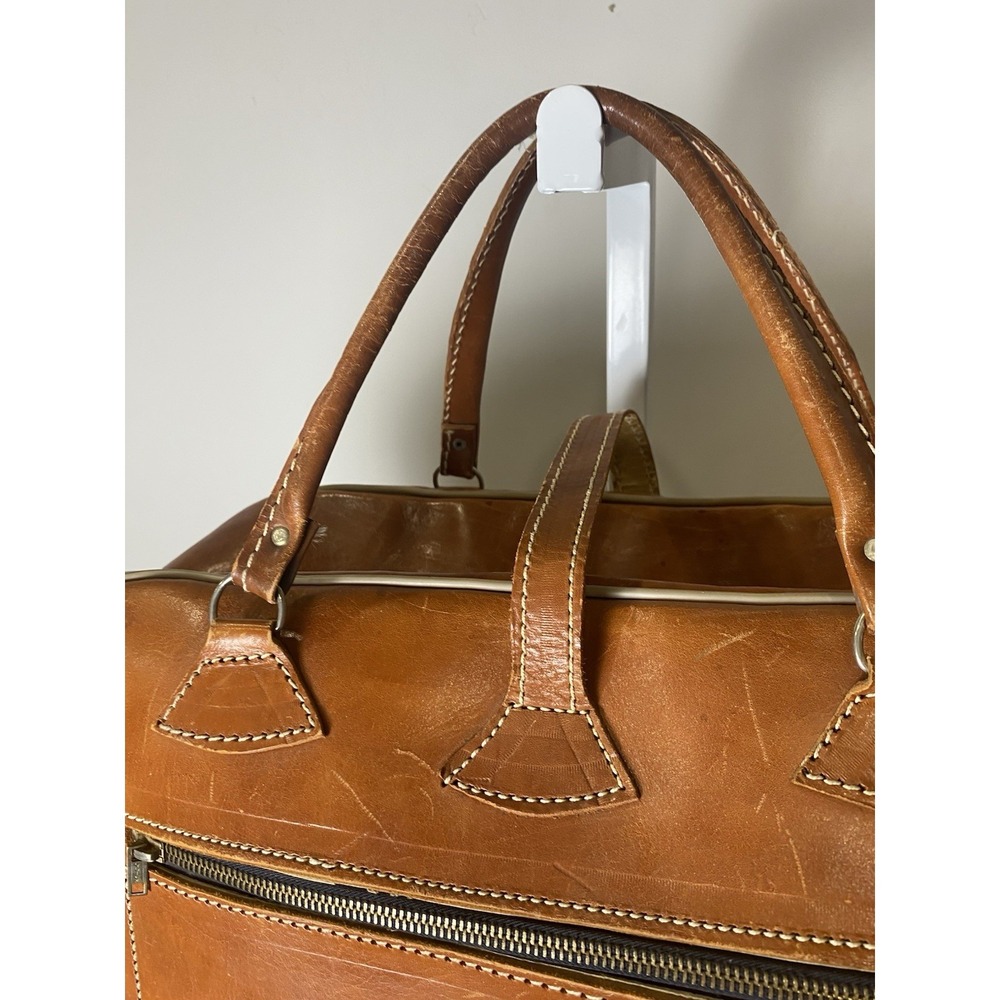 Vintage 70's Tan Leather Duffel Bag Weekend Travel Carry On Luggage Brown Pocket - Picture 7 of 14